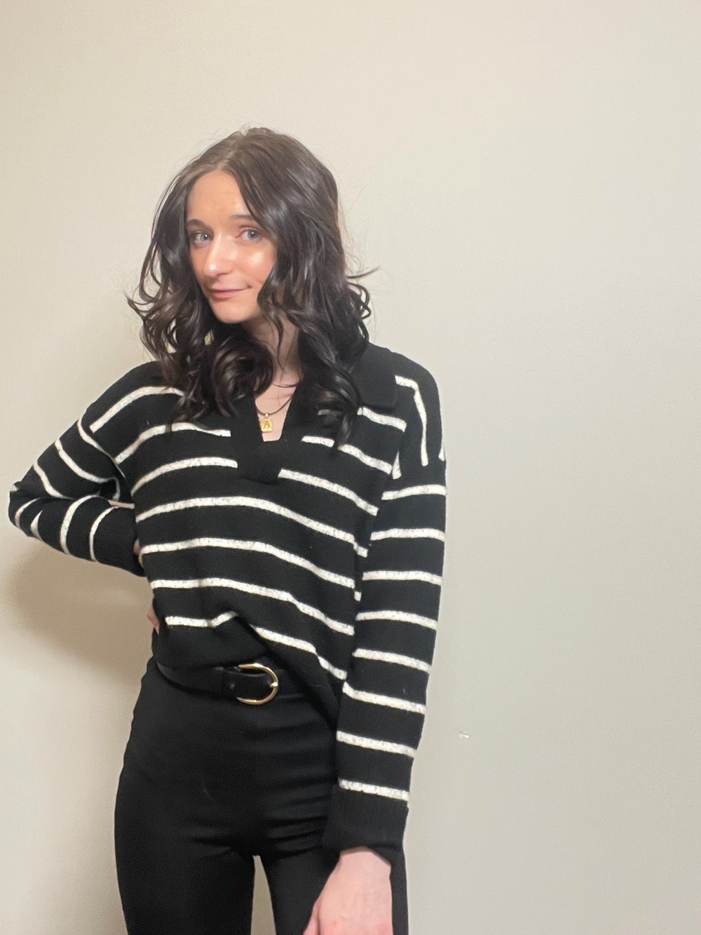 Nine West Black & White Striped V-Neck Pullover